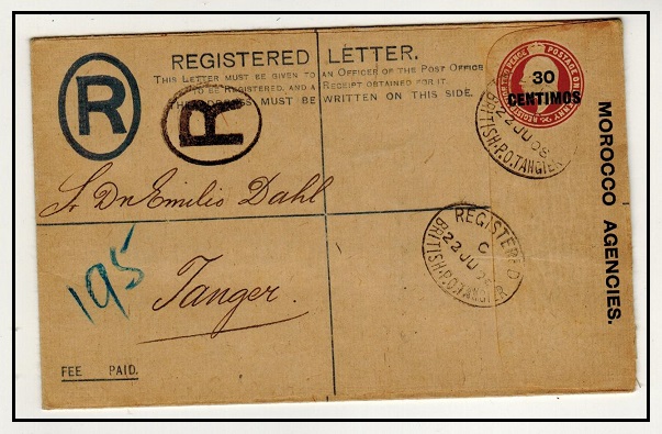 MOROCCO AGENCIES - 1906 30c on 2d+1d brown RPSE (size G) to UK used at TANGIER.  H&G 6a.