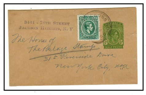 JAMAICA - 1938 1/2d yellow green postal stationery wrapper uprated to USA used at CROSS ROADS. H&G 4