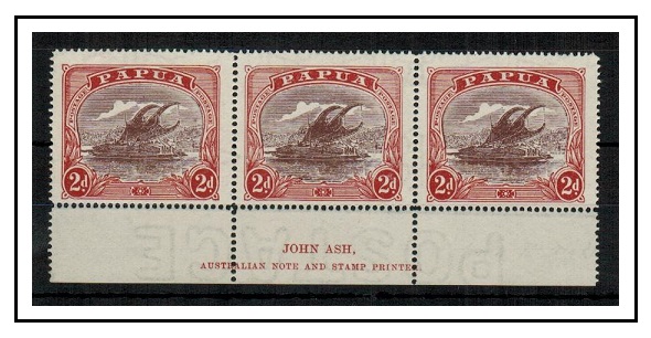 PAPUA - 1931 2d brown-purple and claret U/M JOHN ASH imprint strip of three.  SG 96b.