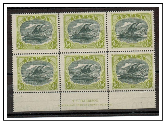 PAPUA - 1919 1/2d myrtle and apple green U/M T.S.HARRISON imprint block of six.  SG 93.