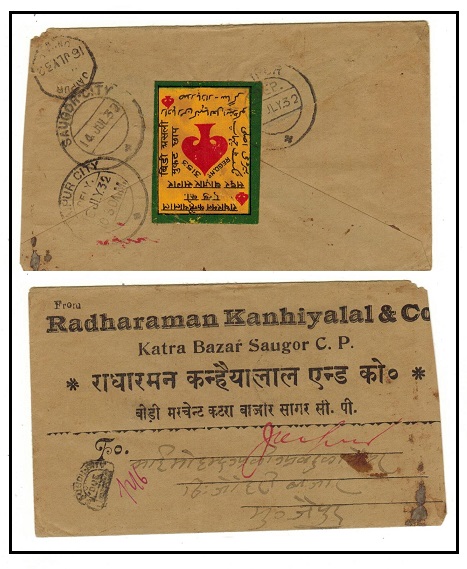 INDIA - 1932 local cover with unaccepted label use receiving JAIPUR/UNPAID h/s.