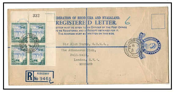 RHODESIA AND NYASALAND - 1955 4d blue RPSE (size H2) to UK used at RIDGEWAY.  H&G 1a.