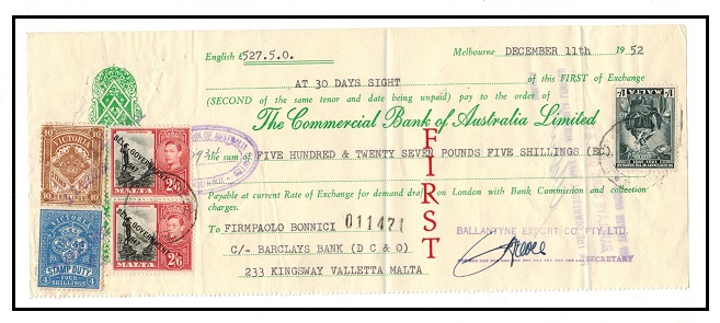 MALTA - 1952 Australian cheque use with Victoria and Malta 