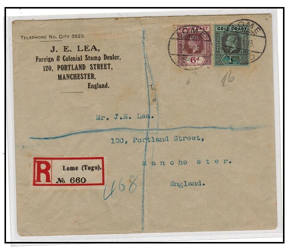 TOGO - 1915 1/6d rate registered cover to UK bearing Gold Coast un-overprinted stamps.