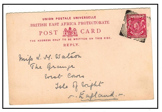 BRITISH EAST AFRICA - 1896 1a REPLY section of the 1a+1a PSRC to UK used at LAMU.  H&G 10.