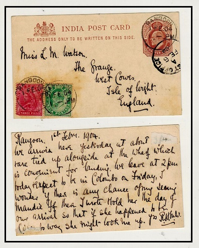 BURMA - 1902 1/4a brown PSC of India uprated to UK at RANGOON.  H&G 15.