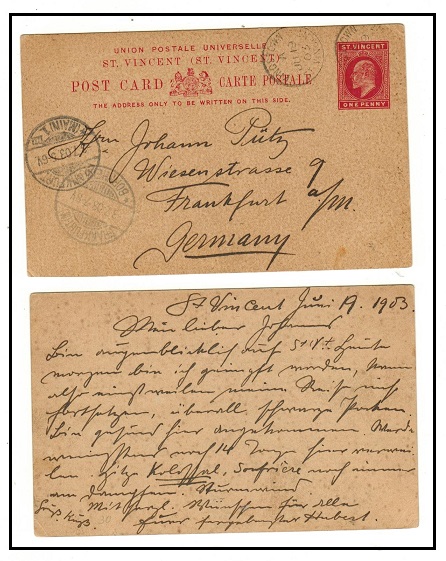 ST.VINCENT - 1902 1d carmine PSC to Germany used at KINGSTOWN.  H&G 7.
