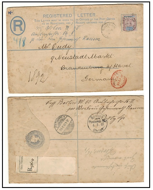 ST.VINCENT - 1893 2d bluish grey RPSE (size H) uprated to Germany.  H&G 1b.