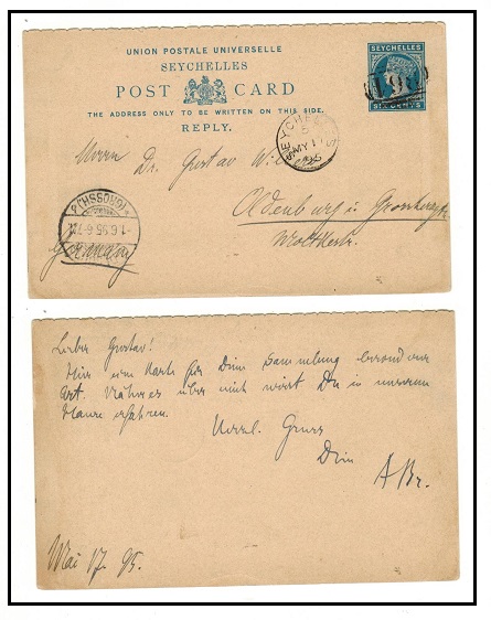 SEYCHELLES - 1890 6c REPLY of the 6c+6c blue PSRC to Germany with SEYCHELLES/5 code cds.  H&G 5