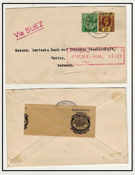 SINGAPORE - 1930 12c rate cover to Germany struck VIA SUEZ in red ink.