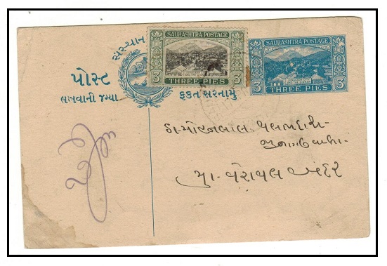 INDIA (Saurashtra) - 1929 3p blue PSC uprated locally. H&G 1.