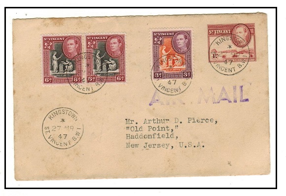 ST.VINCENT - 1938 1d brown PSE uprated to USA. H&G 1.