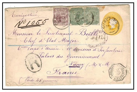 MAURITIUS - 1891 50c yellow uprated PSE registered to France from CUREPIPE.  H&G 16.