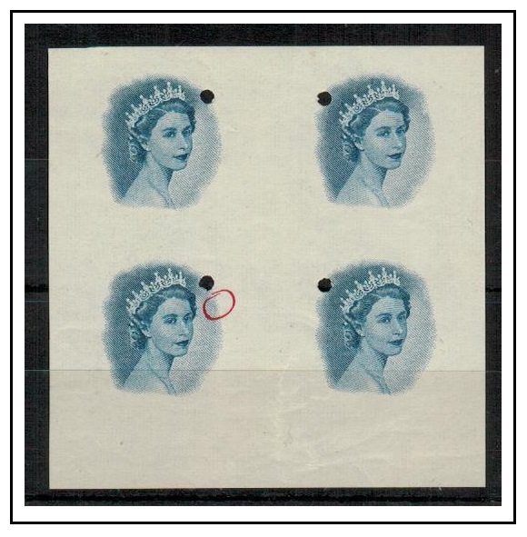 RHODESIA AND NYASALAND - 1954 IMPERFORATE PLATE PROOF block of four of the head vignette.