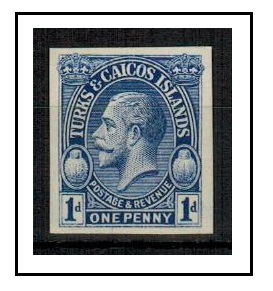 TURKS AND CAICOS IS - 1928 1d IMPERFORATE PLATE PROOF printed in blue. 