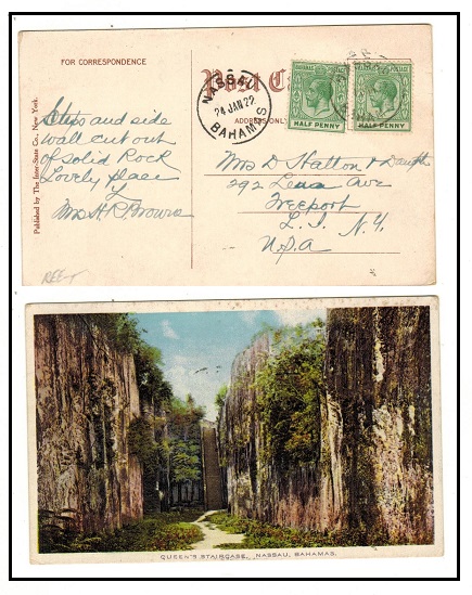 BAHAMAS - 1922 1d rate postcard use to USA.