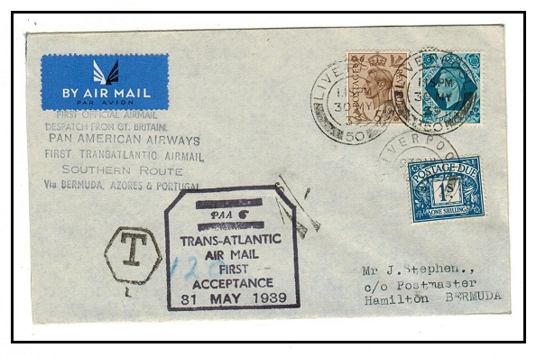 BERMUDA - 1939 inward PAA first flight cover from UK with rare 