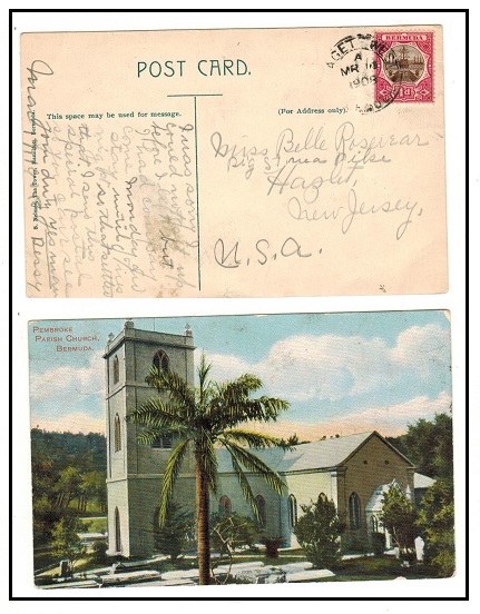 BERMUDA - 1908 1d rate postcard use to USA used at PAGET WEST.