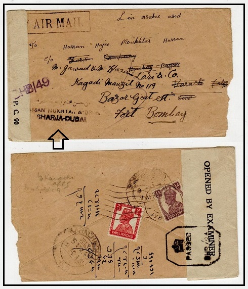 BR.P.O.IN E.A. (Sharjah) - 1945 cover addressed to India censored on arrival.