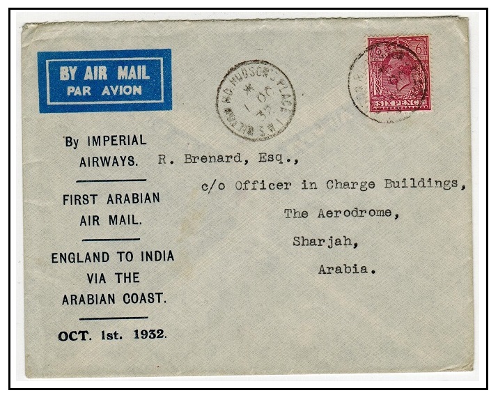 BR.P.O.IN E.A. (Sharjah) - 1932 inward first flight cover from UK.