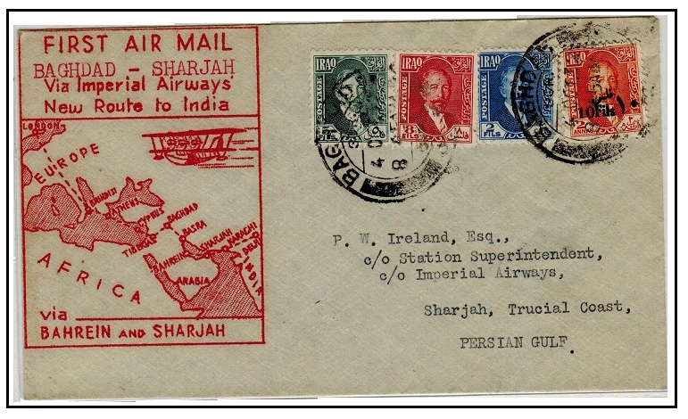 BR.P.O.IN E.A. (Sharjah) - 1932 inward first flight cover from Iraq.