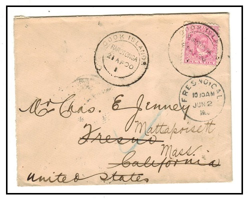 COOK ISLANDS - 1900 2 1/2d rate cover to USA used at RAROTONGA.