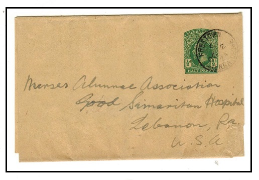 SIERRA LEONE - 1912 1/2d green postal stationery wrapper to USA used at FREETOWN.  H&G 3.