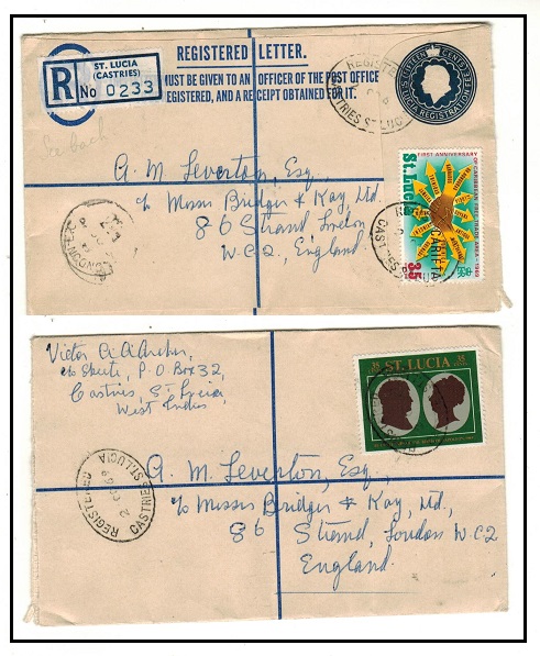 ST.LUCIA - 1960 (circa) 15c dark blue uprated RPSE to UK used at CASTRIES.