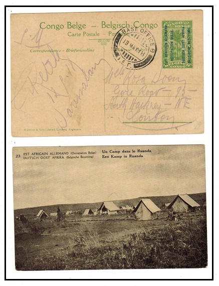 TANGANYIKA - 1917 5c yellow green Belgian Occupation PSE to UK used at BASE OFFICE B/IEF.