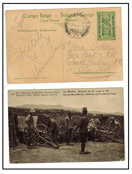 TANGANYIKA - 1917 5c yellow green Belgian Occupation PSE to UK used at BASE OFFICE B/IEF.