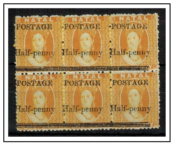 NATAL - 1877 1/2d on 1d yellow fine mint block of six.  SG 91.