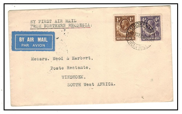 NORTHERN RHODESIA - 1931 5d rate first flight cover to Windhoek in SWA used from BROKEN HILL.