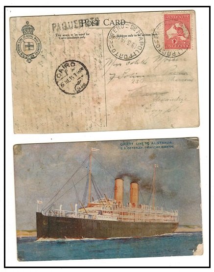 AUSTRALIA - 1915 1d rate maritime postcard use to Egypt cancelled NAPOLIPORTO ESTERO.