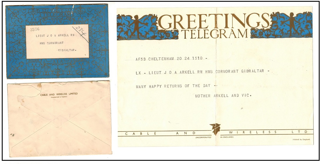 GIBRALTAR - 1940 illustrated GREETINGS TELEGRAM from HMS Cormorant stationed in Gibraltar.
