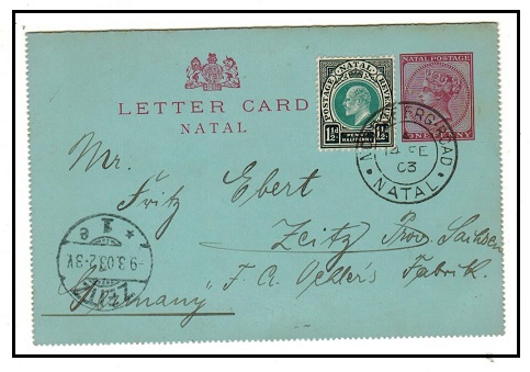 NATAL - 1900 1d carmine postal stationery letter card uprated to Germany at NOODSBERG ROAD. H&G 1.