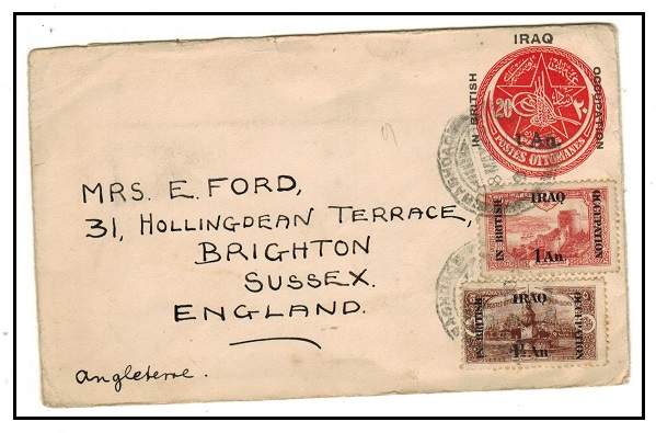 IRAQ - 1920 1an on 20pa red PSE uprated to UK at BAGHDAD.  H&G 1.