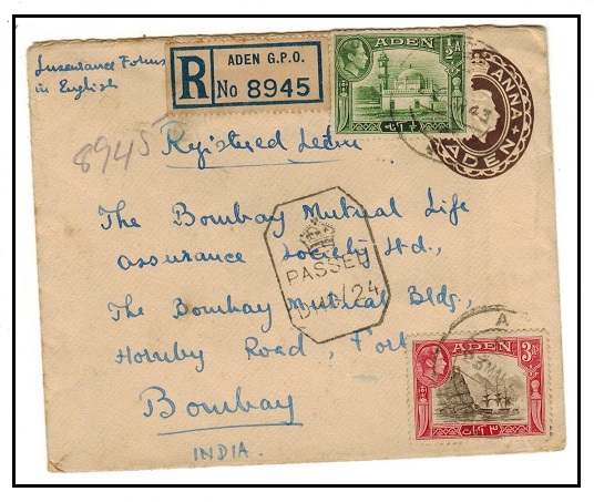 ADEN - 1937 1a brown PSE registered and uprated to India.  H&G 1.