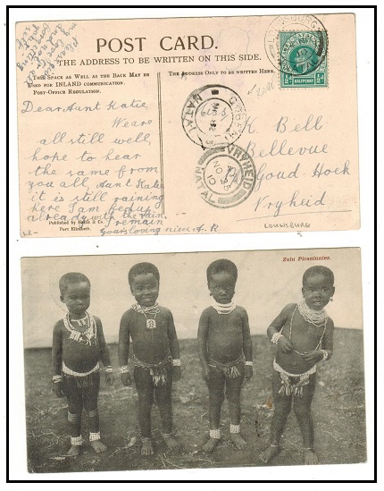 NATAL - 1910 1/2d rate postcard use to Vryheid used at LOUWSBURG and sent via GOBENI.