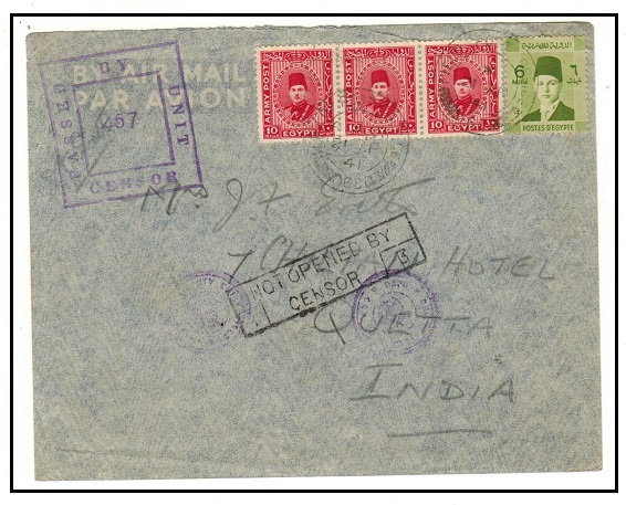 EGYPT - 1941 6m+10m (x3) British Forces combination FPO/68 censored cover to India.