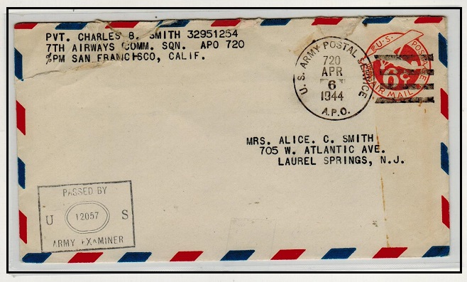 PENRHYN - 1944 6c orange US PSE censored to USA used at APO 720 on Tongareva Island.