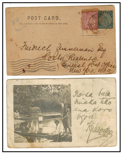 FIJI - 1906 1 1/2d rate postcard use to USA used at SUVA.