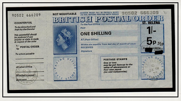 ST.HELENA - 1973 1/- (5p) GB postal stationery order overprinted ST.HELENA. 