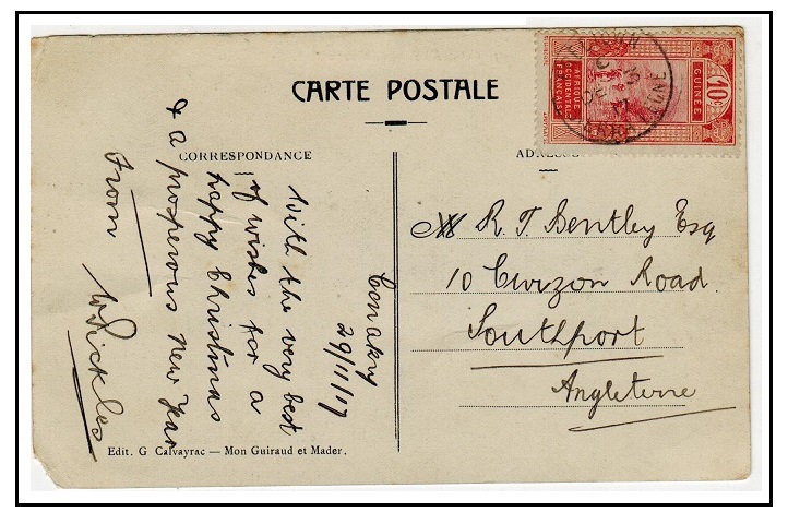 SIERRA LEONE - 1917 postcard use to UK bearing French Guiana 10c tied FREETOWN/SIERRA LEONE.