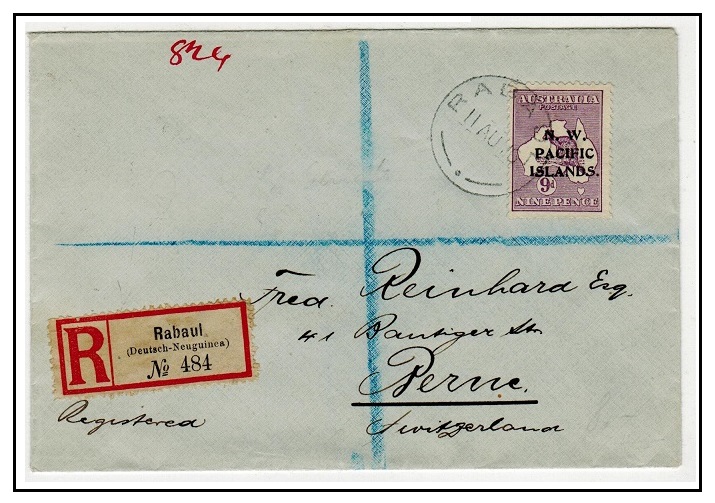 NEW GUINEA (N.W.P.I.) - 1916 9d rate registered cover to Switzerland used at RABAUL.