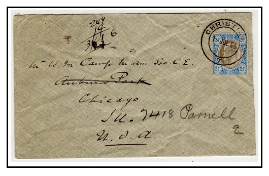 TRANSVAAL - 1905 2 1/2d rate cover to USA used at he Telegraph Office at CHRISTIANA.