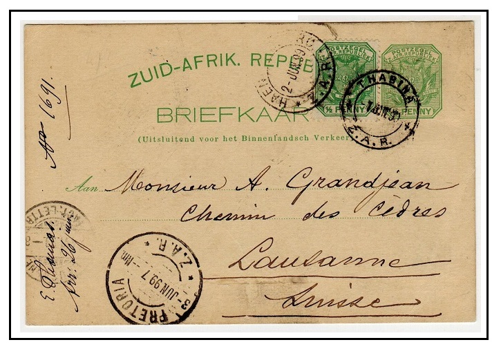 TRANSVAAL - 1896 1/2d green PSC to Switzerland used at THABINA/ZAR.  H&G 3.