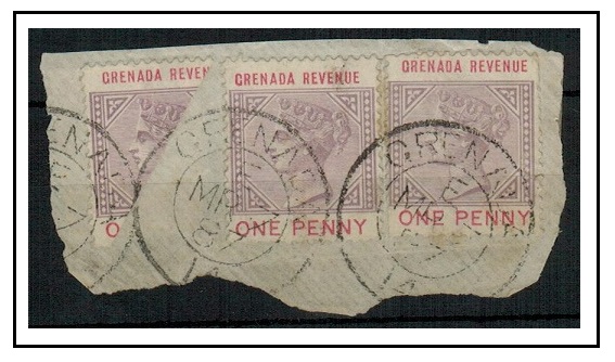GRENADA - 1884 1d lilac and red REVENUE bisected with additional pair on piece.