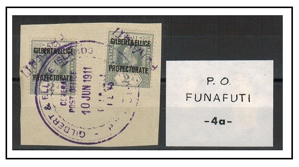 GILBERT AND ELLICE IS - 1911 2d (x2) on piece cancelled by FUNAFUTI s/l cancels.
