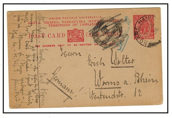 K.U.T. - 1923 15c rose PSC to Germany used at NGARE NAIROBI with tax mark deleted.  H&G 1.