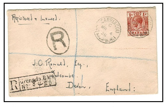GRENADA - 1926 1/- rate registered cover to UK used at CARRIACOU.